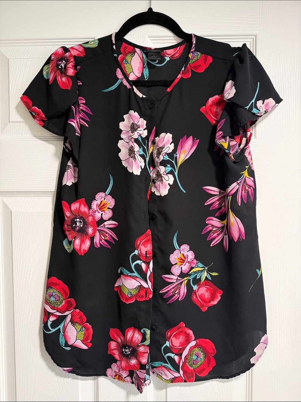 Ann Taylor Floral Button-Front Black Women's Top